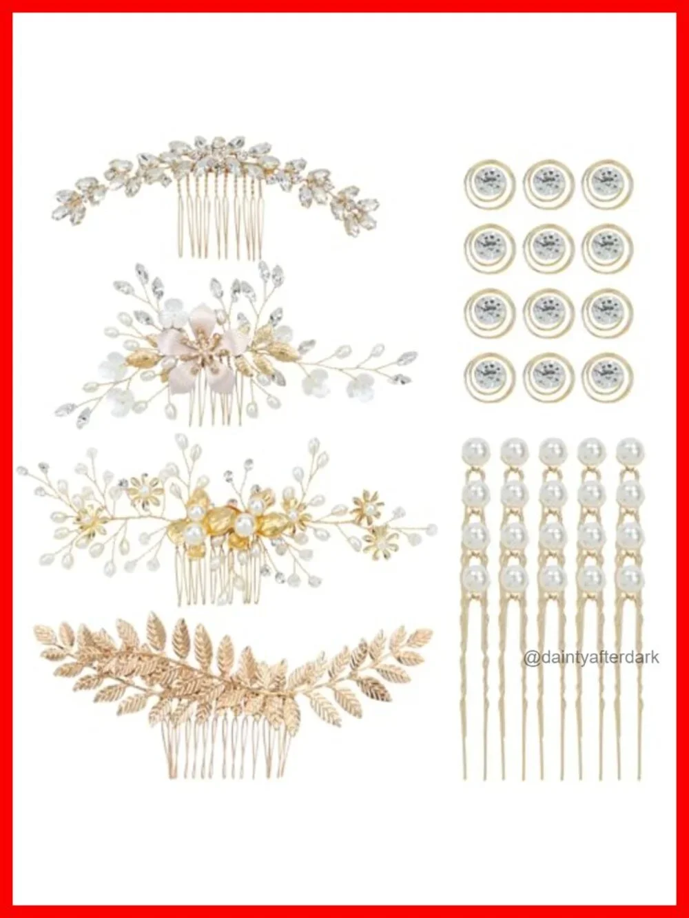 36Pc Gold Hair Side Combs U-Shaped Pearl Pins Spiral Rhinestone Hair Clips